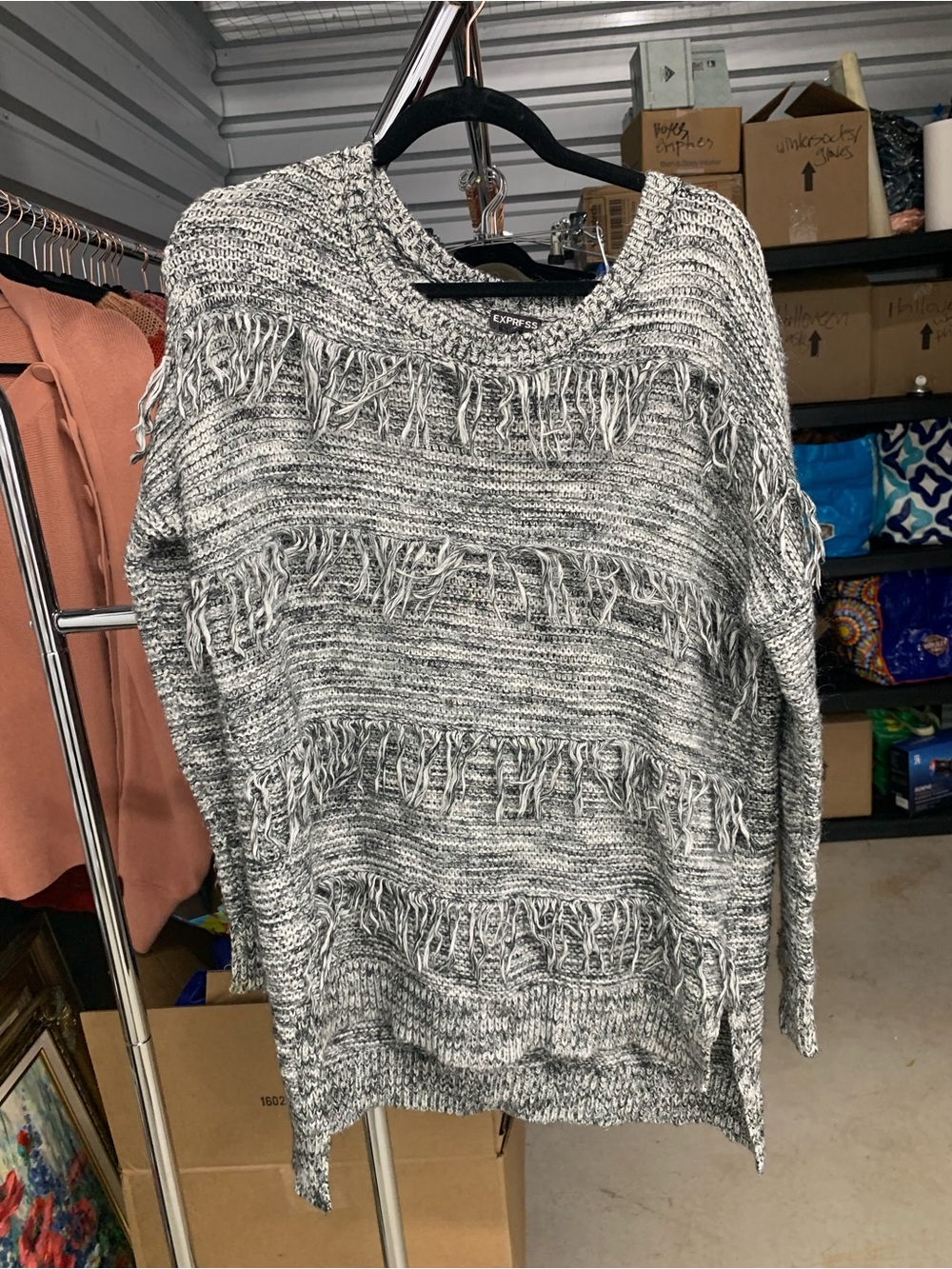 Express Gray and White Fringe Knit Crewneck Sweater